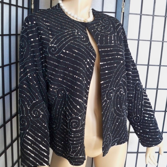 CHICO'S Sz 2/L Black Fully Beaded Evening Jacket - Picture 2 of 4